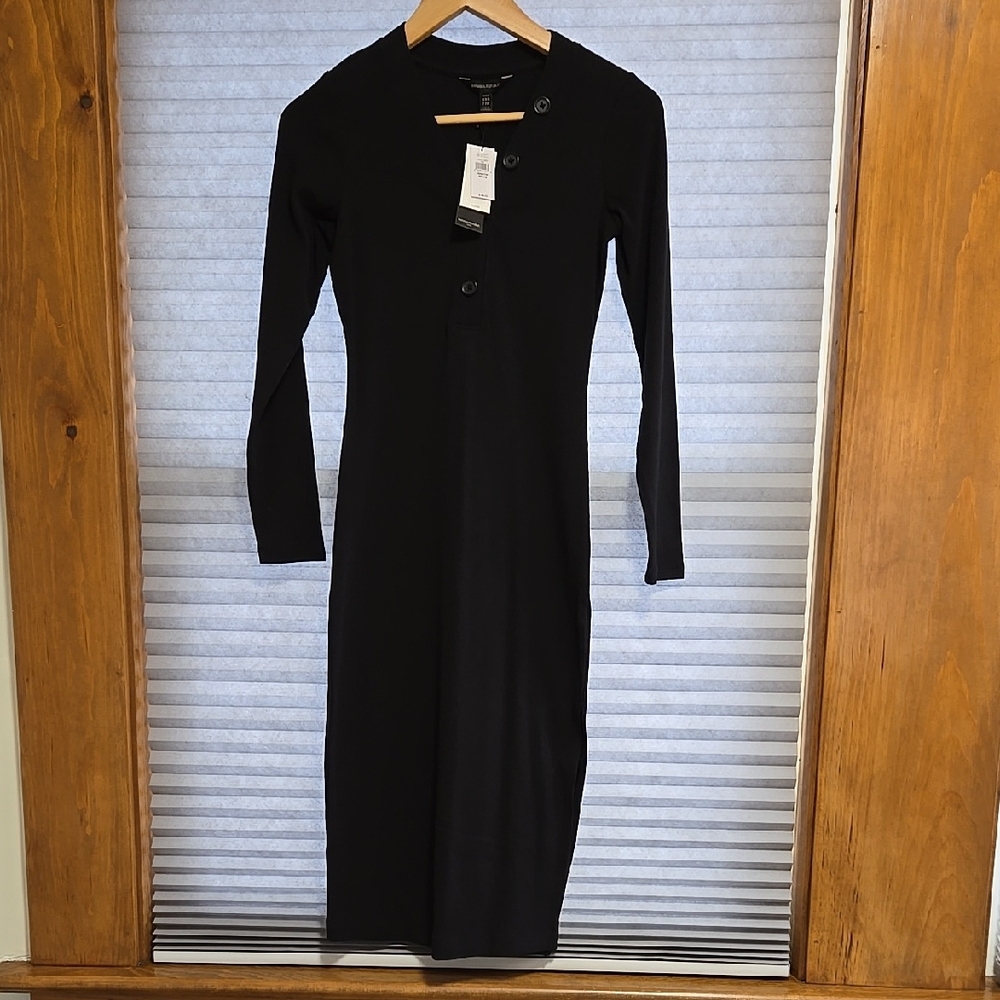 Black Ribbed Fitted Maxi Dress with button detail